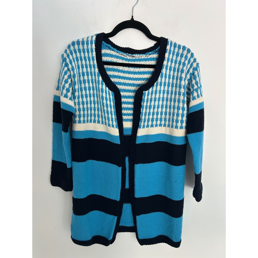 Blue Striped Open Front Knit Cardigan Sweater Geometric Pattern Longline Navy XS